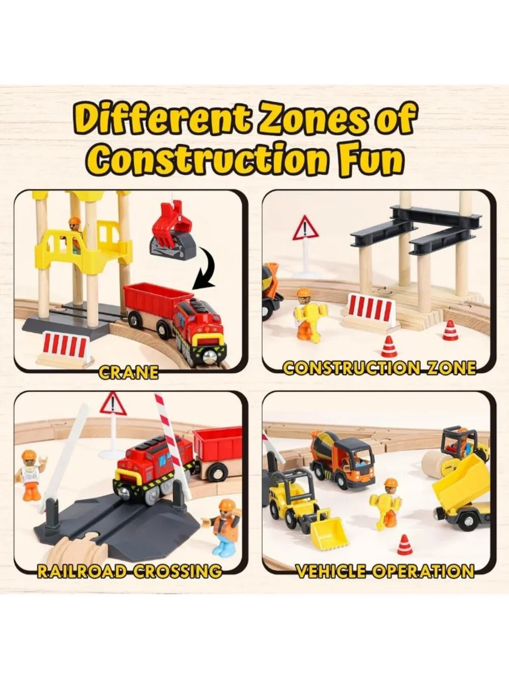 Wooden Train Set for Kids | Construction Toys w/ Crane & Track | Toddler Gift